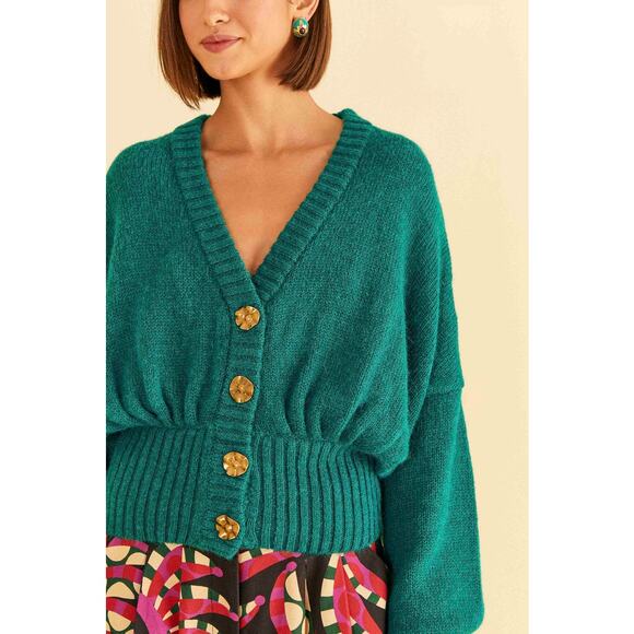 NWT Farm Rio Bubble Knit Cardigan Gold-Tone Buttons Wool Blend Emerald Size XXS - Picture 5 of 13